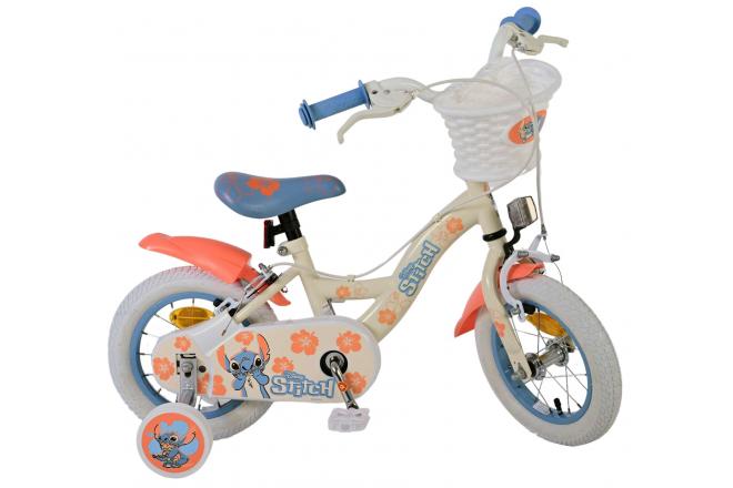 Disney Stitch Kinderfiets - Meisjes - 12 inch - Twee handremmen - Crème Koraal Blauw