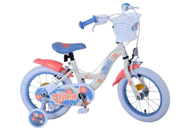 Disney Stitch Kinderfahrrad - Mädchen - 14 Zoll - Creme Koralle Blau - Zweihandbremsen